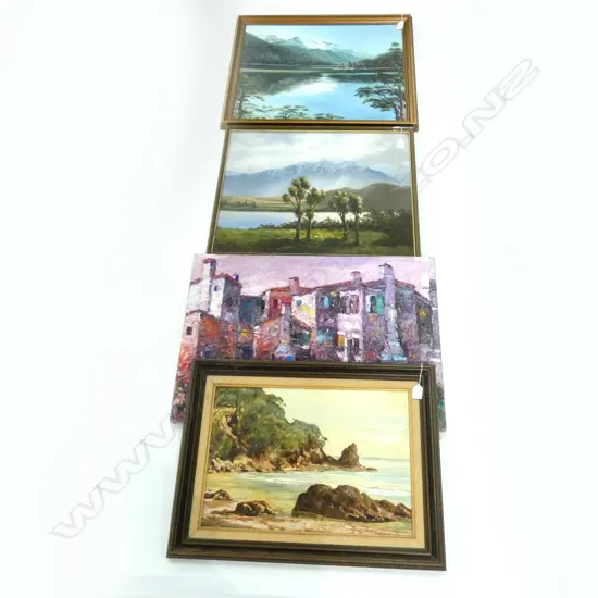 4 ARTWORKS; 3 OIL LANDCAPES; M. L. LUXFORD, BARBARA COLLINS, B. GRAY + BURANO PURPLE ITALAN ABSTRACT OIL 500 X 700MM  