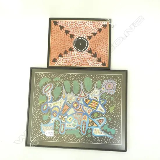  ABORIGINAL STICK ART OIL PAINTING (270X220MM) & JAMES CHURCH PEN & INK FRAMED PRINT 270X290MM