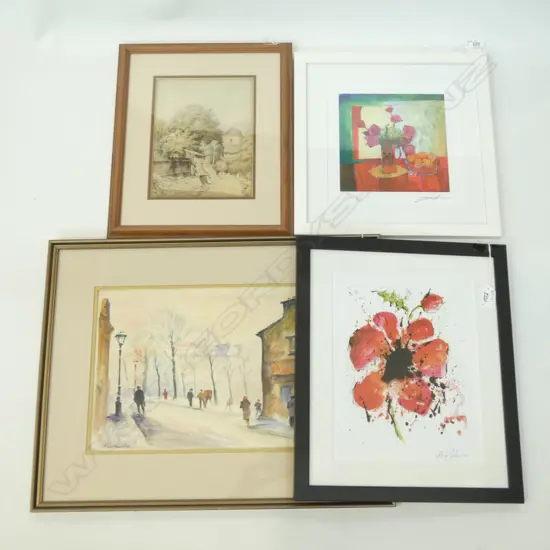4 ARTWORKS; YUVAL WOLFSON 'BREAKFAST TABLE' PRINT, DOMINIC PANGBORN ABSTRACT POPPY, W/C, GUIGNIER W/C 'MONTMARTRE'