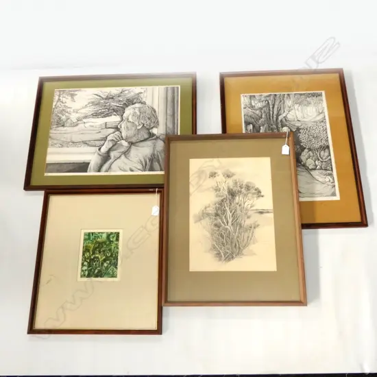 4 ARTWORKS; 2 POINTALISM PRINTS, PENCIL SKETCH, PROTEST COLLOGRAPH