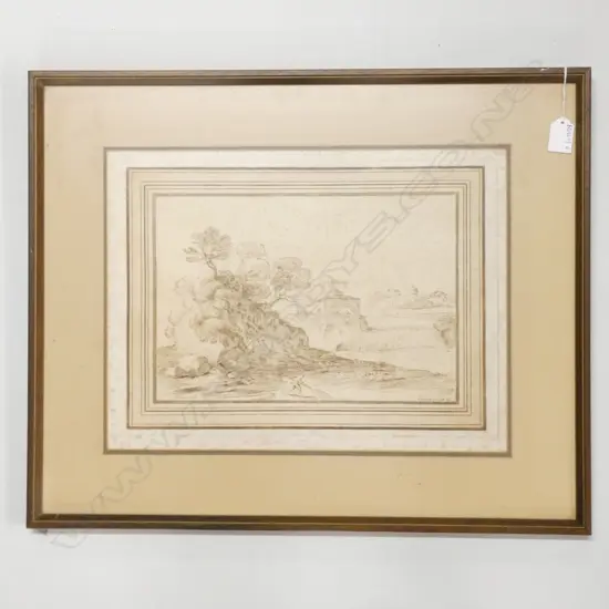 JAMES BASIRE AFTER GUERCINO ITALIAN LANDSCAPE WITH WATERFALL COPPER PLATE ENGRAVING c.1765 480 X 585MM OVERALL SIZE