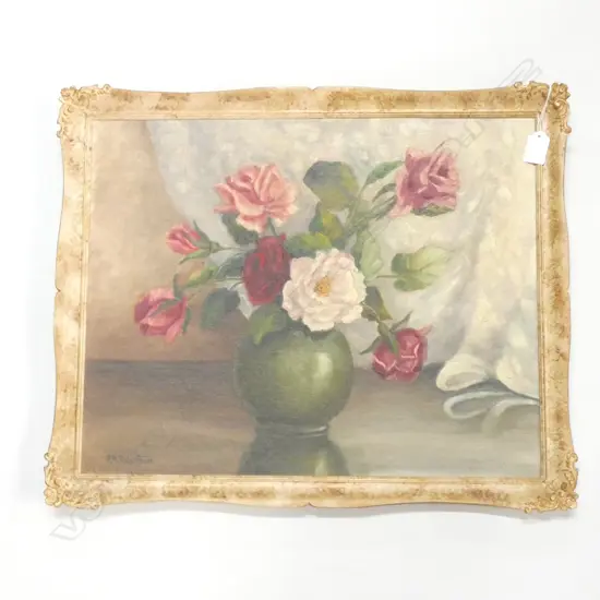 P. M. ROBERTSON STILL LIFE ROSES OIL ON BOARD 395 x 495mm
