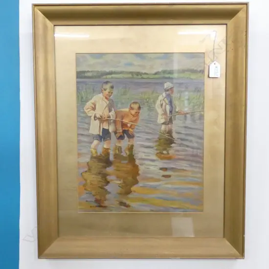 OIL PAINTING BOYS FISHING BY SCHIOTZ-JENSEN