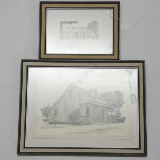 2 FRAMED INK SKETCHES THE ELMS + WYLIE COTTAGE 350 X 230 MM