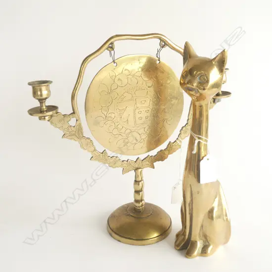 TALL BRASS CAT  (H. 280MM) & ORIENTAL BRASS GONG W CANDLE HOLDERS H. 290MM