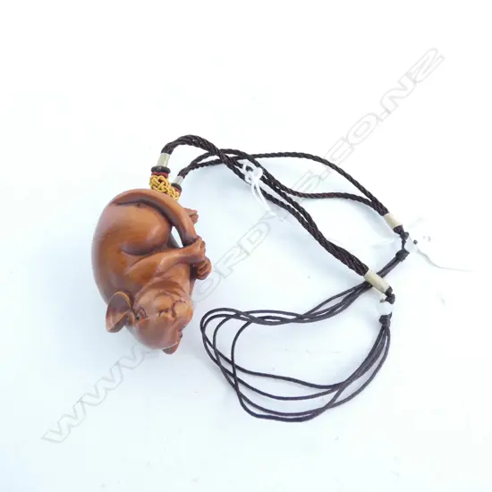 CARVED WOODEN MOUSE NETSUKI NECKLACE 