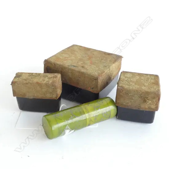 3 OLD JAPANESE SEALS WITH BLACK LACQUER BASES - LARGEST 60 X 60MM & OLD SCENT BOTTLE H.60MM