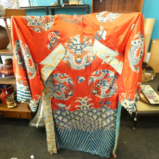 QING DYNASTY CHINESE SILK OPERA GOWN EMBROIDERED WAVES & DRAGONS
