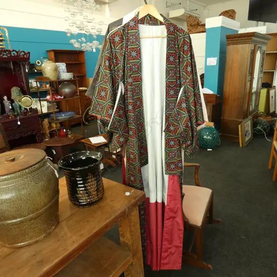 FULL LENGTH SILK KIMONA - BROWN TONE GEOMETRIC PATTERNS