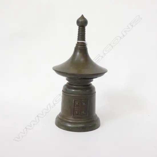 MID CENTURY PATINATED BRONZE 'KORO' INCENSE - PAGODA SHAPED - SEALMARK TO BASE H. 200 DIA 100MM