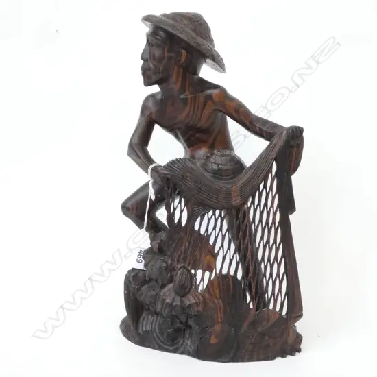 CARVED WOODEN ORIENTAL FISHERMAN H. 300MM