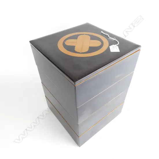 VINTAGE JAPANESE BLACK LACQUER STORAGE BOX 4 SECTION