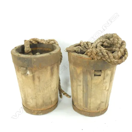 PR OLD JAPANESE WOODEN WELL BUCKETS WITH ROPES - DIA 210 H. 280MM