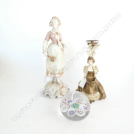 GERMAN HARD PASTE FIGURINE H. 285MM, MILLE FIORE PAPERWEIGHT AF, CAST IRON TAZZA BASE