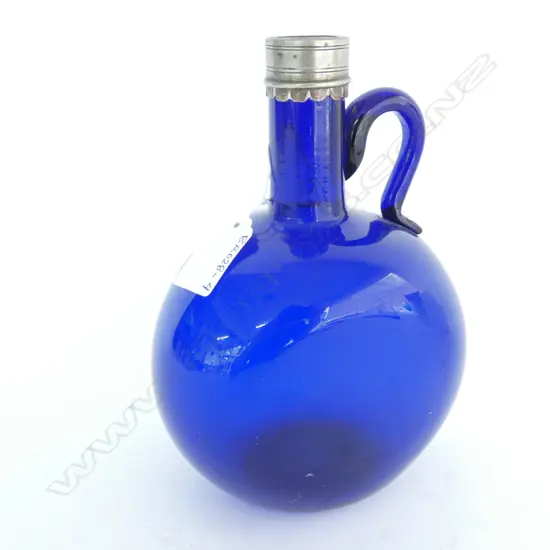 VICTORIAN BLUE GLASS BOTTLE METAL LID 