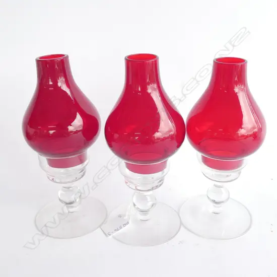 3 CANDLE OR TEA LIGHT HOLDERS - STEMMED CLEAR GLASS BASE & RED GLASS SHADES  H. 200MM
