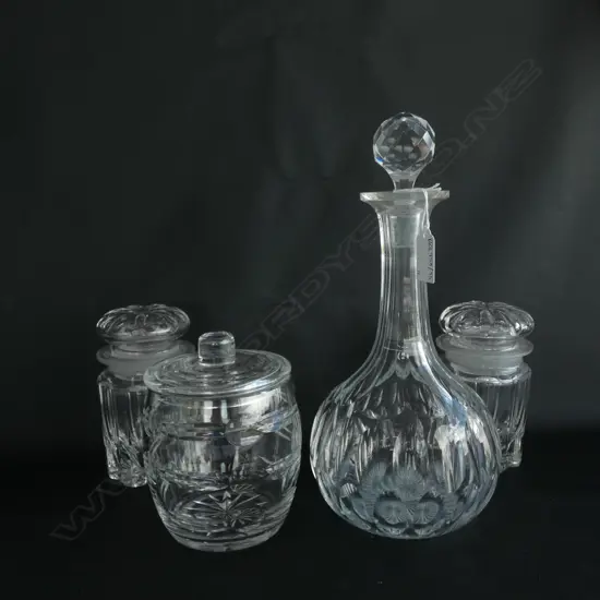 4 PCES CRYSTAL; DECANTER, BISCUIT JAR, PR CONTAINERS