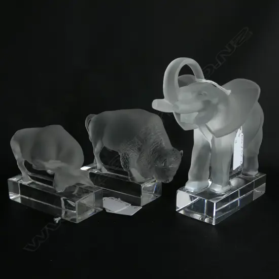 THREE LALIQUE GLASS PAPERWEIGHTS; ELEPHANT (L 170MM) BULL & BISON 