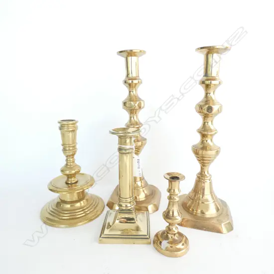 PAIR OF ANTIQUE BRASS CANDLESTICKS & 3 OTHERS 