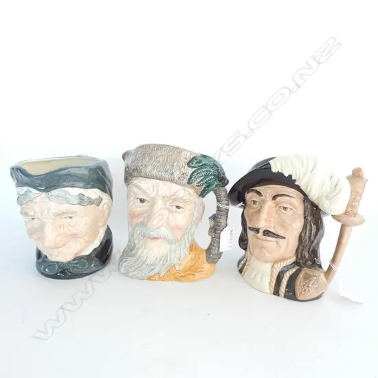 3 R/DOULTON CHARACTER JUGS; ROBINSON CRUSOE, GRANNY & ATHOS H. 190MM