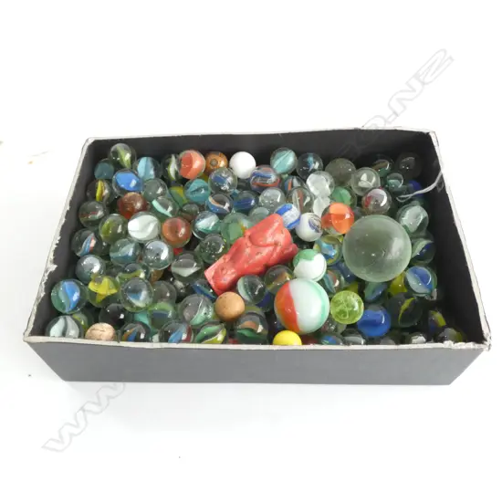 BOX OF OLD GLASS MARBLES SOME LARGER ETC