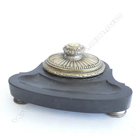 ART NOUVEAU SLATE & BRASS INK WELL NO GLASS INSERT 