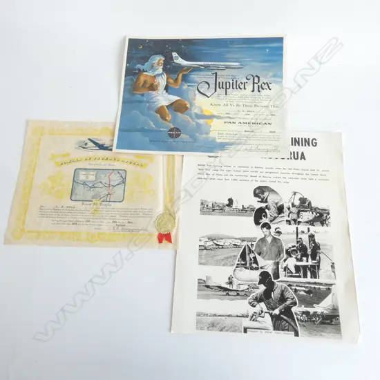 ASST. EPHEMERA; PAN AMERICAN 1959 & CLIPPER FORTUNA 1959 CERTIFICATES & RNZAF FLYING TRAINING ROTORUA PR POSTER  