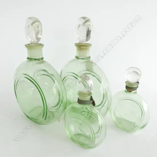 SET 4 ART DECO GREEN GLASS PERFUME BOTTLES 