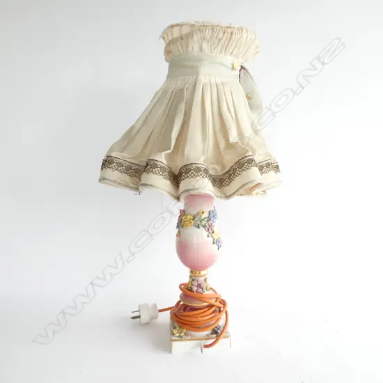 OLD PORCELAIN FLOWER TABLE LAMP BASE & SHADE H. 580MM