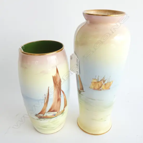 PR ROYAL DOULTON SAILING SHIP SCENE HAND PAINTED VASES - H. 230 & 170MM C1902-22