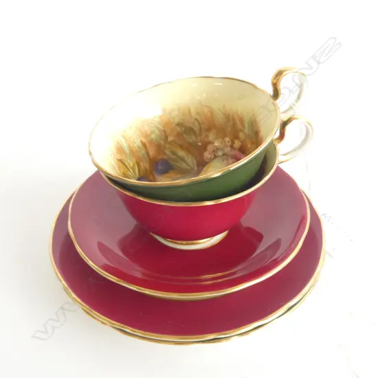 AYNSLEY ORCHARD GOLD MAROON TRIO + GREEN CUP & PLATE