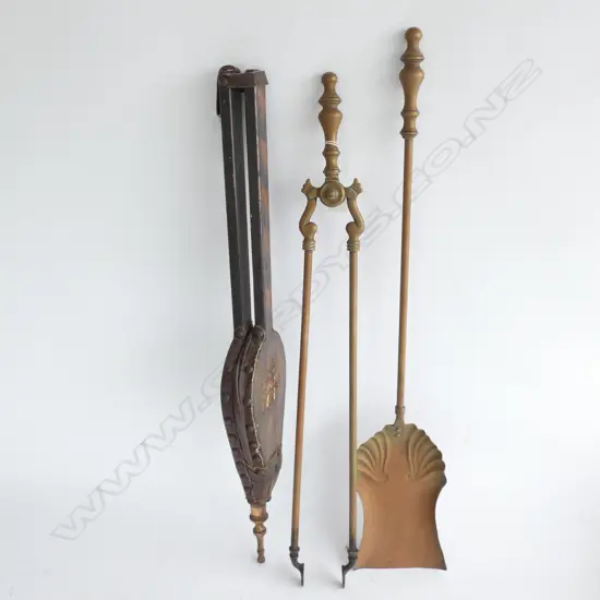 BRASS FIRESIDE TONGS & SHOVEL & COPPER & WOOD BELLOWS 