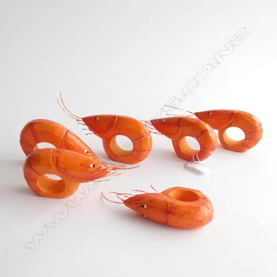 SET OF 6 WOODEN PRAWN NAPKIN RINGS