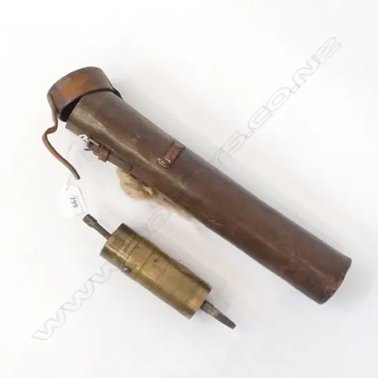 OLD LEATHER CASED BRASS TURKISH COFFEE GRINDER (INCOMPLETE) L. 330MM