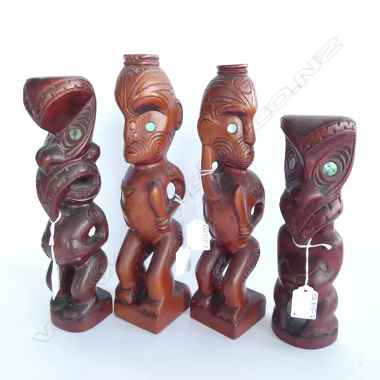 4 MAORI CARVED TEKOTEKO FIGURES INITIALLED 'GF NZ'