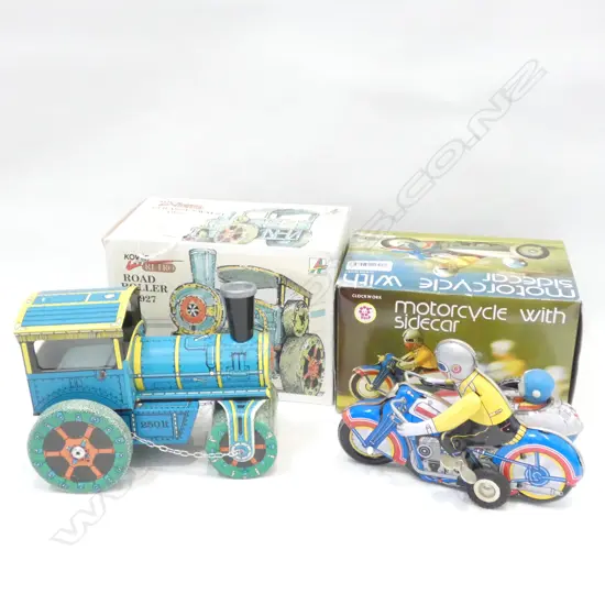 2 TIN TOYS; ROAD ROLLER & MOTOCYCLE WITH SIDE CAR L. 180MM