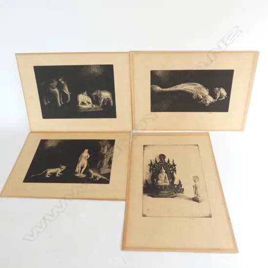4 B/W ORIENTAL ETCHINGS BY CHARLES W. CAIN 260 X 355MM OVERALL 