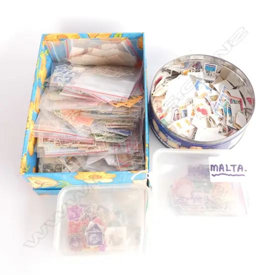 BOX & TIN OF LOOSE VINTAGE STAMPS 