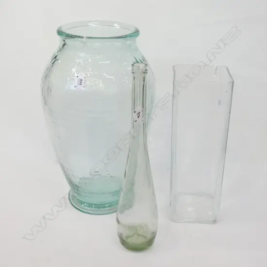 3  LARGE CLEAR GLASS VASES -. TALLEST 540MM