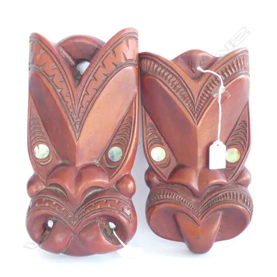 2 MAORI CARVED KAURI MASKS INITIALLED 'GF NZ'