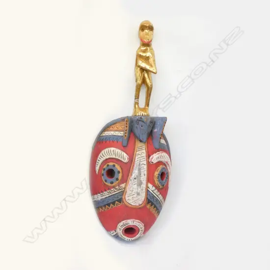 TRIBAL AFRICAN CARVED & PAINTED MASK WITH GOLD GILDED BIRD ON TOP - H. 575MM