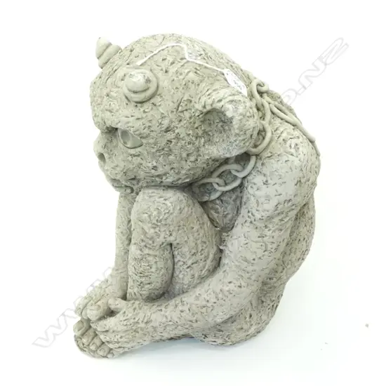 FINELY CAST CONCRETE GARGOYLE WITH CHAIN TO NECK H.400mm SOME CHIPS