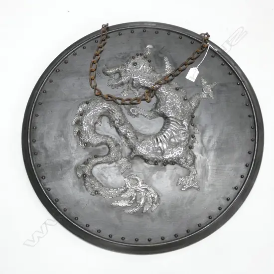 LG WOODEN MEDIEVAL WALL HANGING WITH DRAGON - DIA. 600MM