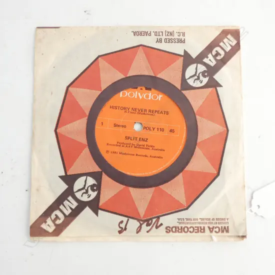 RARE SPLIT ENZ 45 RECORD 'HISTORY NEVER REPEATS'