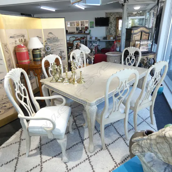 FRENCH COUNTRY STYLE TABLE FAUX PARQUET TOP + 6 WHITE PAINTED CHIPPENDALE STYLE CHAIRS; 2 ARE CARVERS