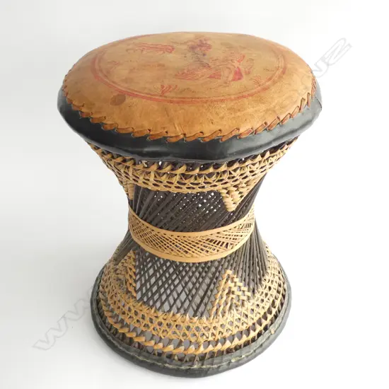 MIDDLE EASTERN WICKER AND LEATHER STOOL H.460mm