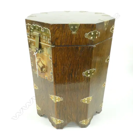 WOODEN OCTAGONAL SIDE TABLE BRASS DETAIL H. 445MM 