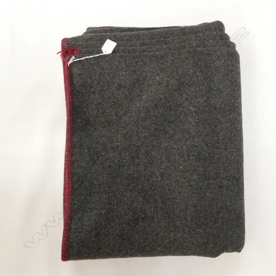 OLD GREY WOOLLEN BLANKET WITH RED STITCHING