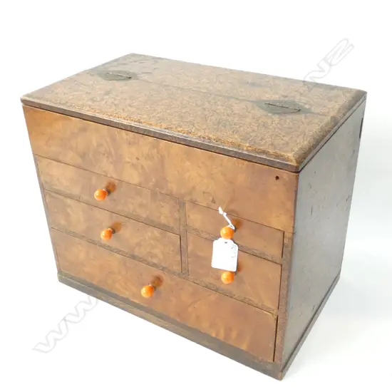 SMALL OLD JAPANESE COLLECTORS/SEWING CHEST - TOP CABINET & 5-DRAWER ORANGE CERAMIC HANDLES