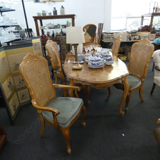 FRENCH STYLE PARQUET TOP DINING TABLE + 2 LEAVES + 6 CHAIRS SOME FAULTS